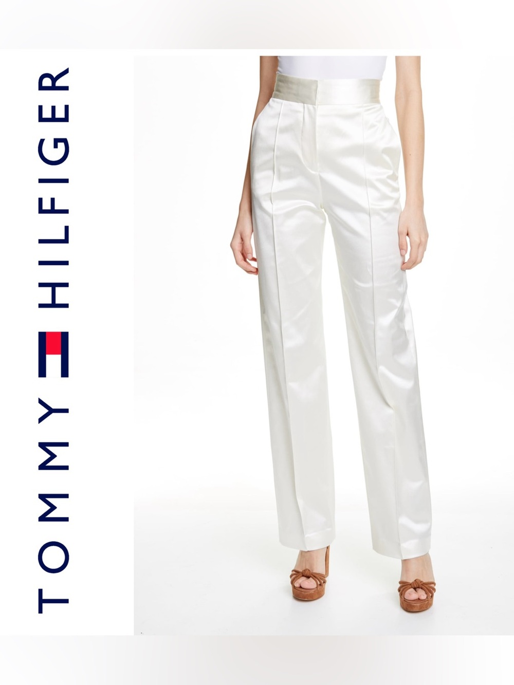 Tommy Hilfiger Satin High-Waist Trousers in Ivory